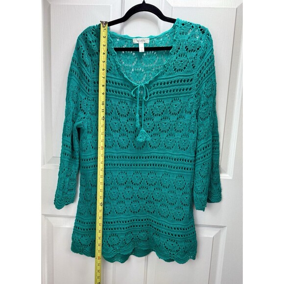 Dressbarn 1X Crochet Knit Teal Top 100%‎ Cotton 3/4 Sleeve Pullover Lightweight - Picture 8 of 9